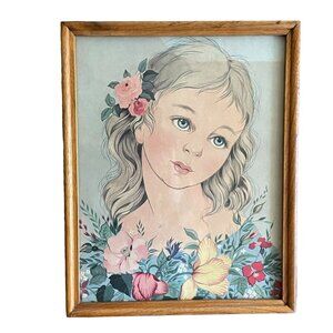 Vintage Miki Ferro 50s/60s Print Drawing Blond Blue Eyed Girl Framed Floral